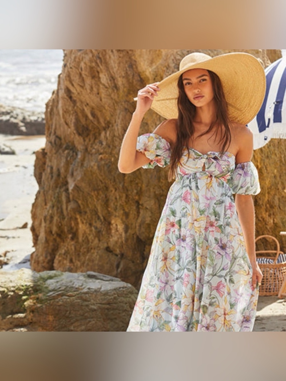 ASTR the Label Floral Off the Shoulder Midi Dress Blue Multi Tropical - Picture 2 of 12